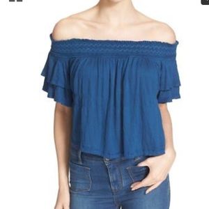 Free People Blue Off-the-Shoulder Crop Top